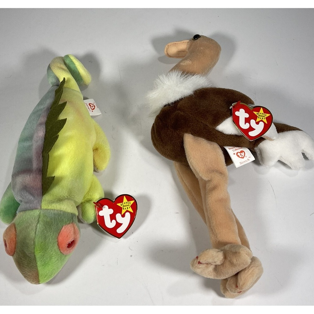TY Beanie Baby the Chameleon tye-dyed + Beanie Babies STRETCH The Ostrich